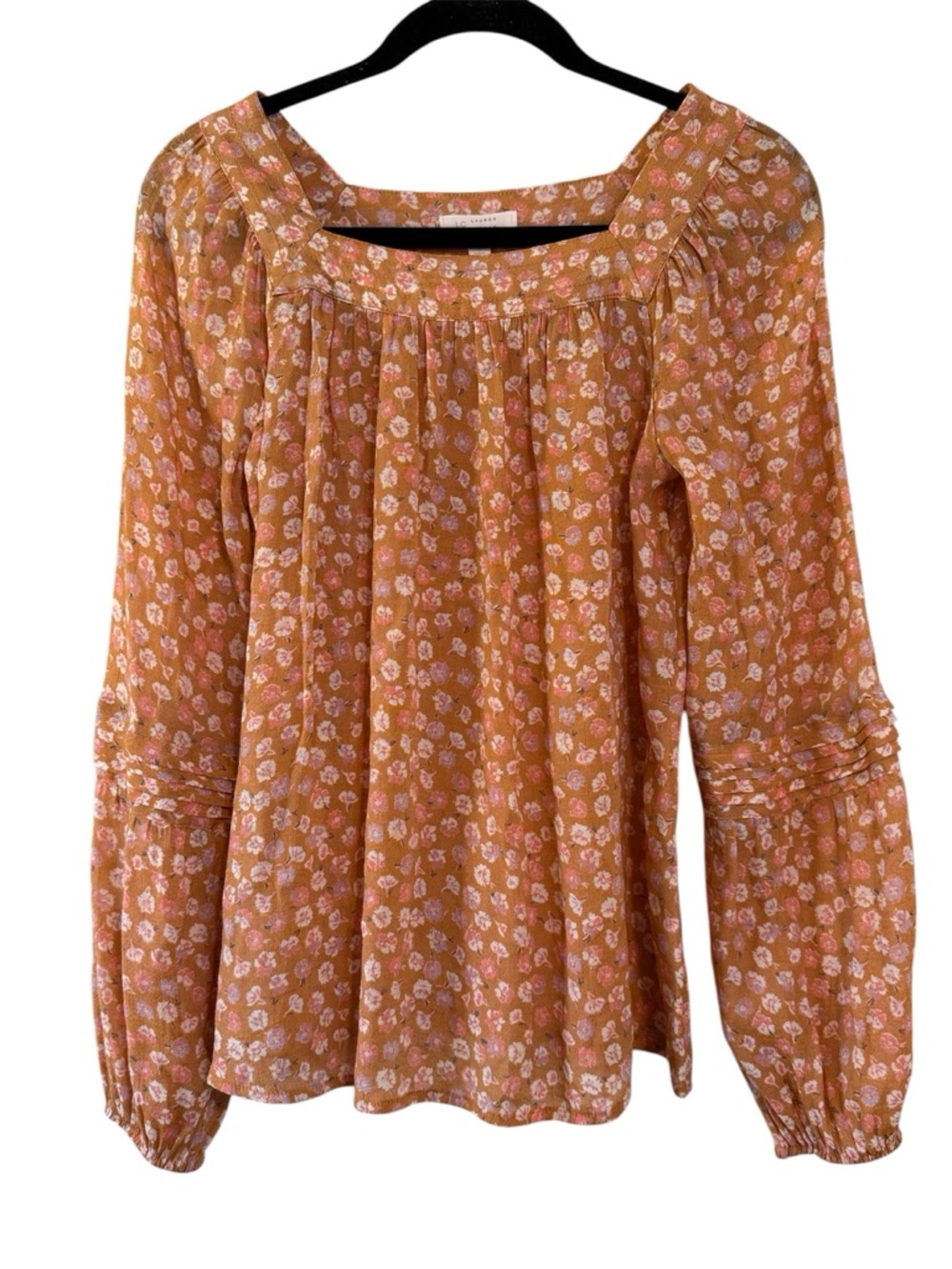 ☀️ LC Lauren Conrad Orange Floral Semi-Sheer Long Sleeve Blouse